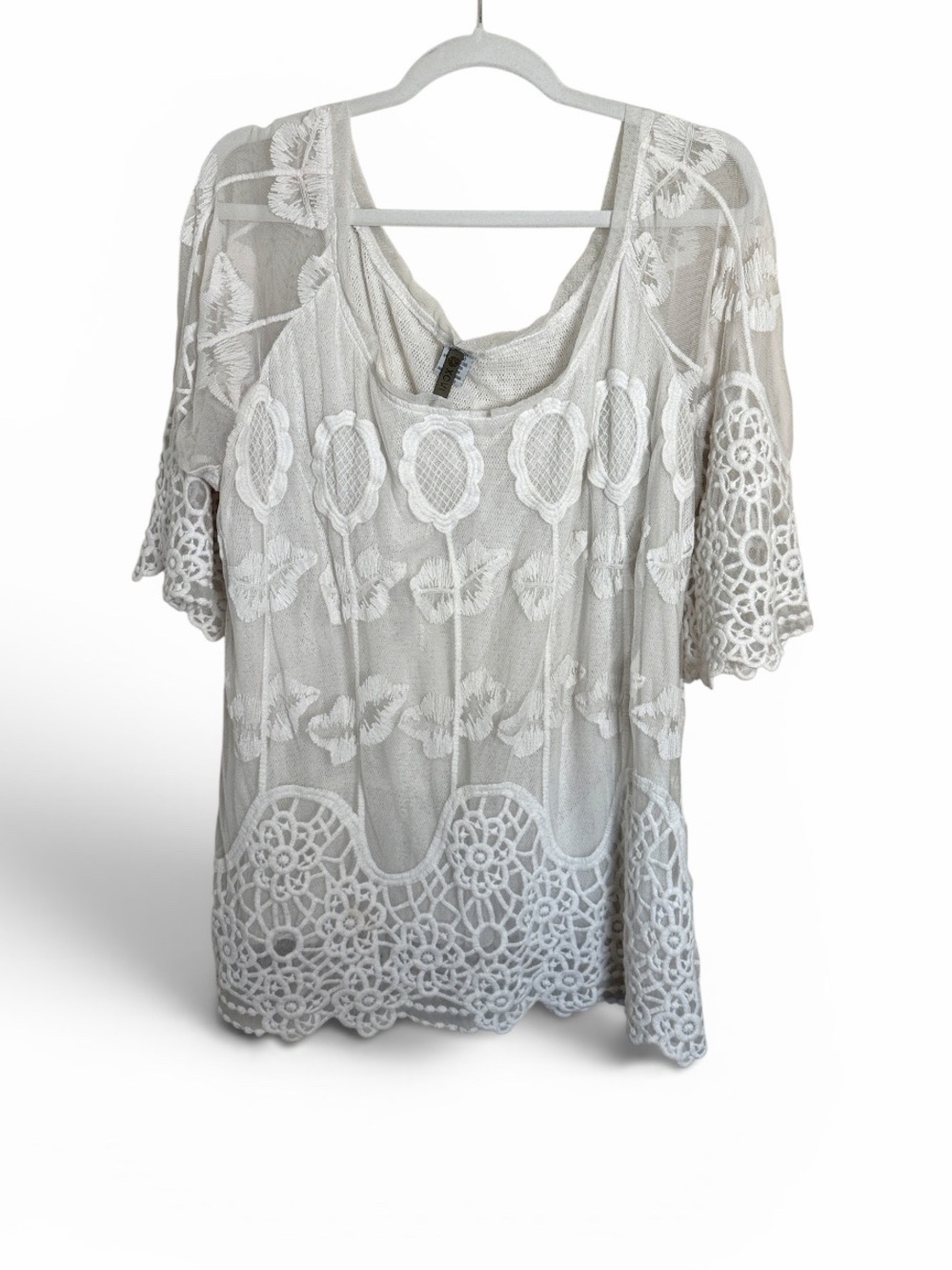 XCVI White Lace Embroidered Floral Boho Blouse Size Large 70s Hippie Flowerchild